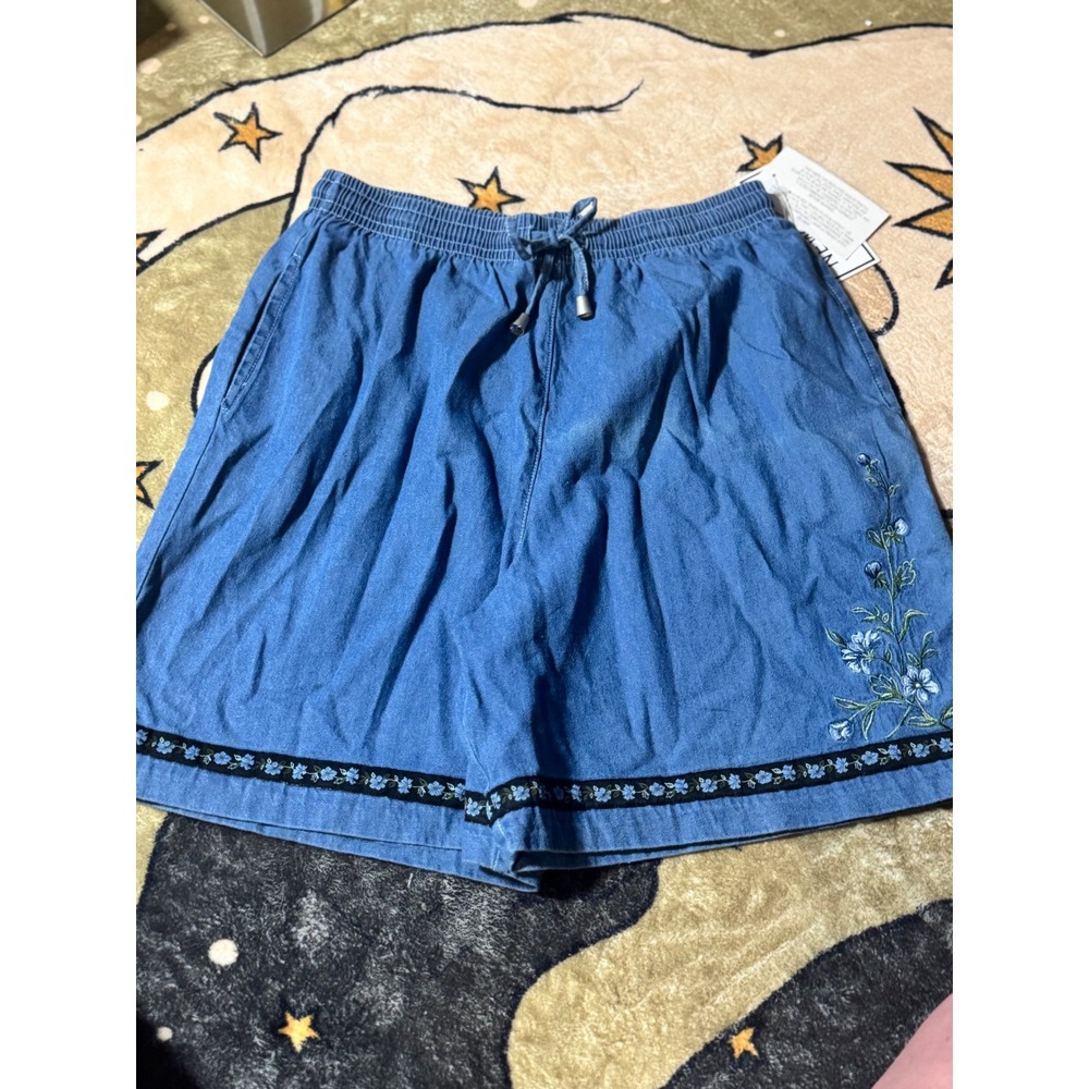 New Look Denim Shorts Women's Medium Embroidered Floral Blue Drawstring
